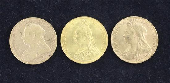 Three Victoria gold sovereigns,